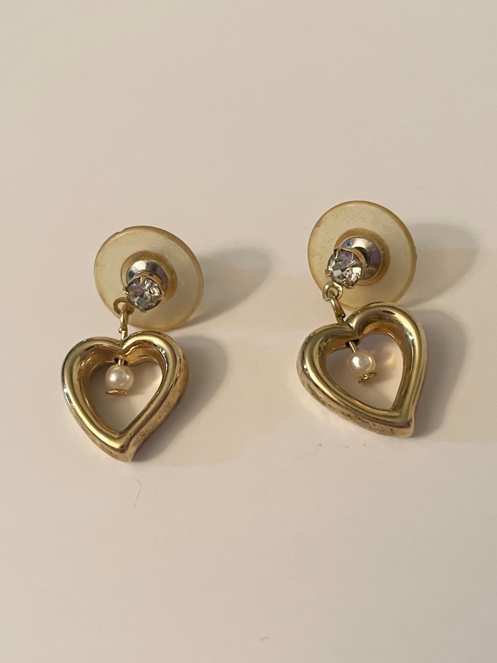 Vintage Gold Tone Open Heart Dangle Earrings with Faux Pearl & Rhinestone